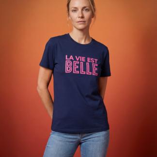 La vie est belle T-Shirt dunkelblau / neonpink